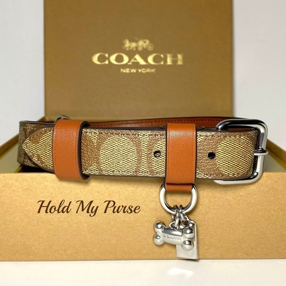 Coach Dog Collar + Apple AirTag Tracker! Brown Khaki Signature C Size Large - Picture 2 of 12